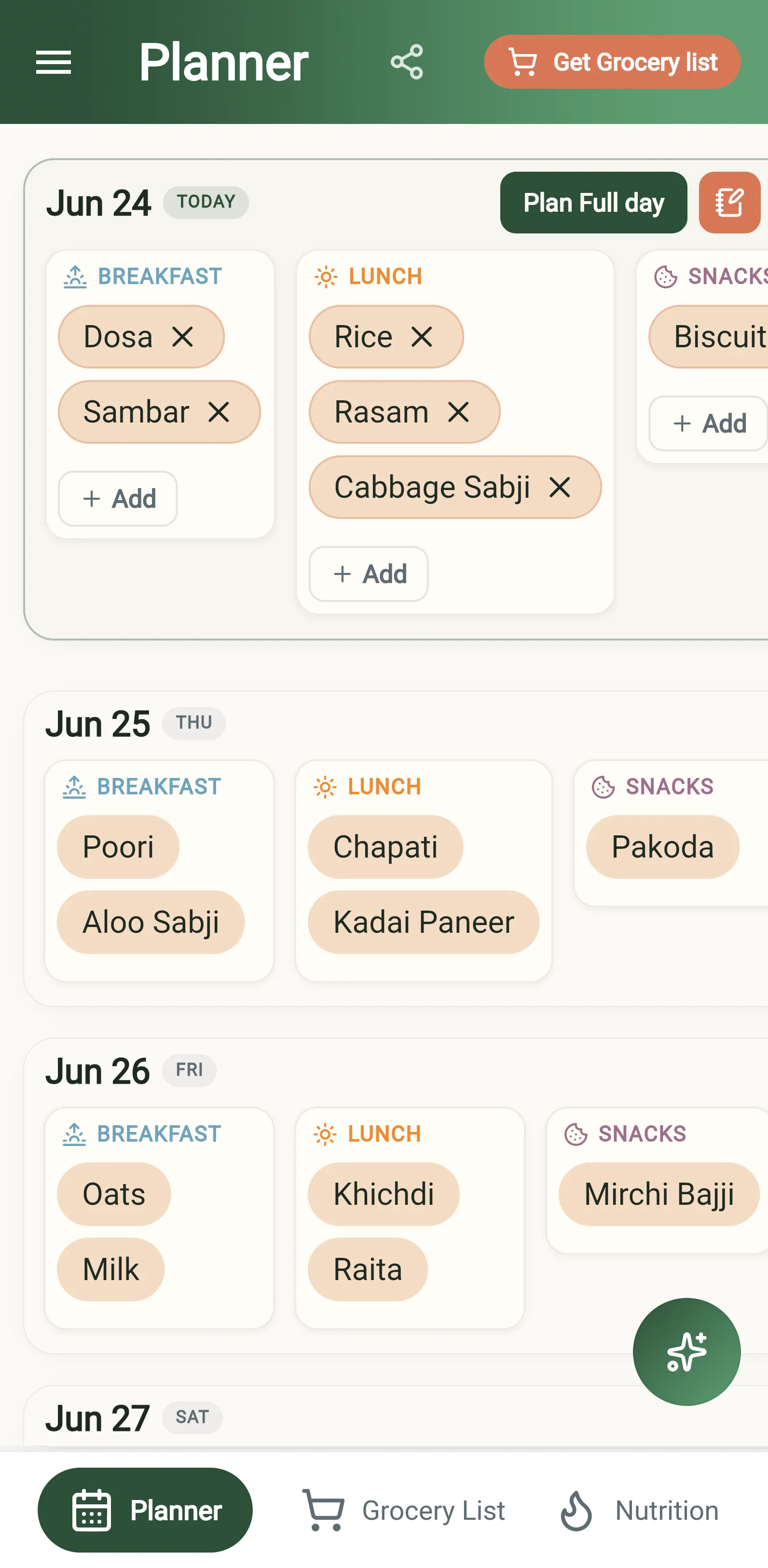The PlanNEat meal-planner app showing a week of planned meals